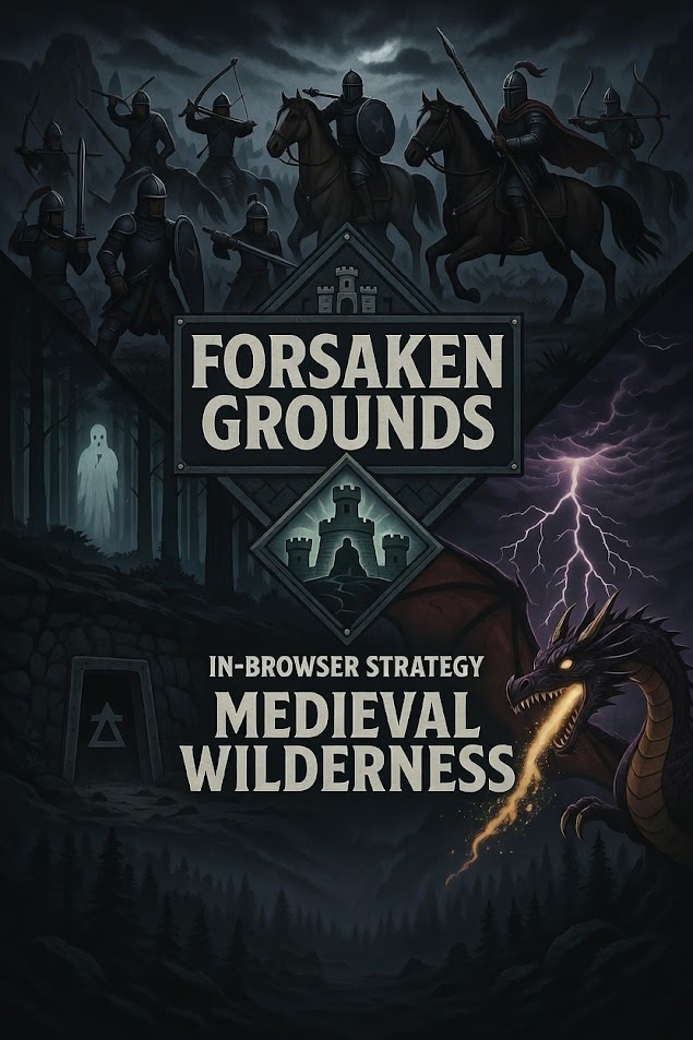 FORSAKEN GROUNDS game scene - medieval forest battle with dragon, knight, gold mine, zombie and treasure